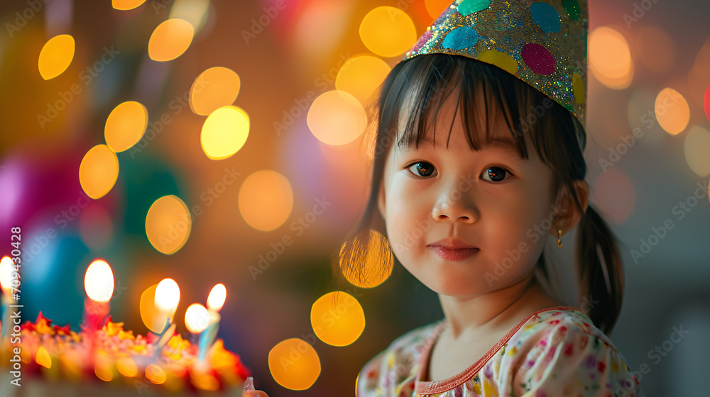  close up portrait of asian girl celebrating birthday with bokeh cake on background
