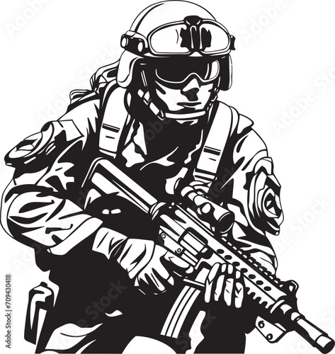 Strategic Shadow Tactical Soldier Emblem in Black Vector Valor Stealth Soldier Glyph in Black © BABBAN