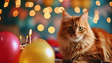  Birthday card for a white redhead in a cap with a cake on a background of balloons and bokeh