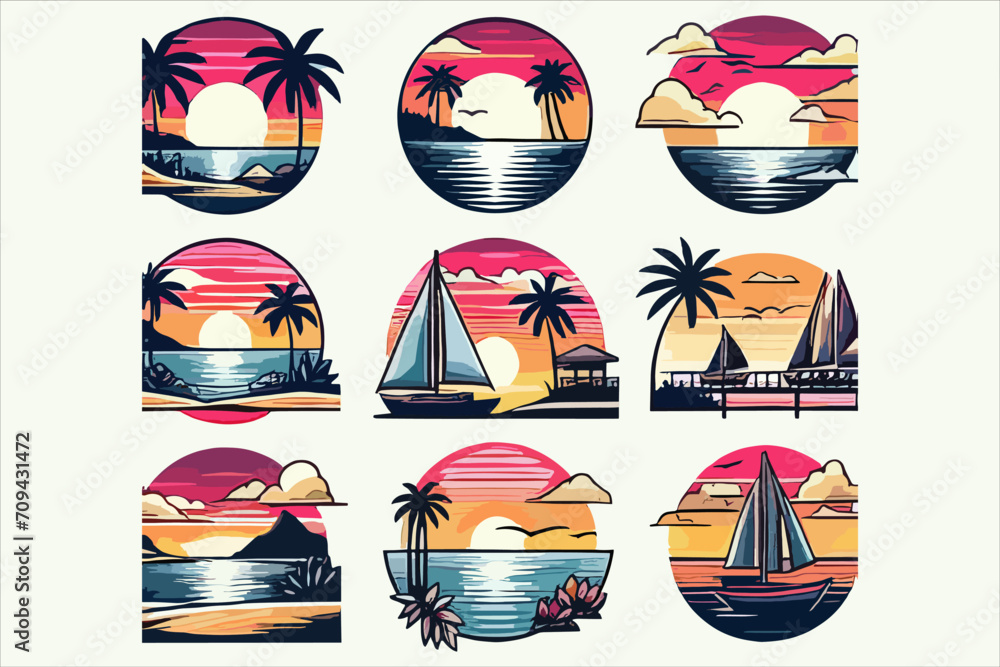 Free sunset beach sticker brush vector, beautiful sunset beach sticker vector, Sunset beach vector illustration for t shirt ,