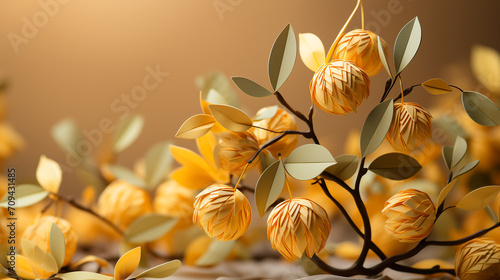 Paper yellow fruit origami with 3d minimal background