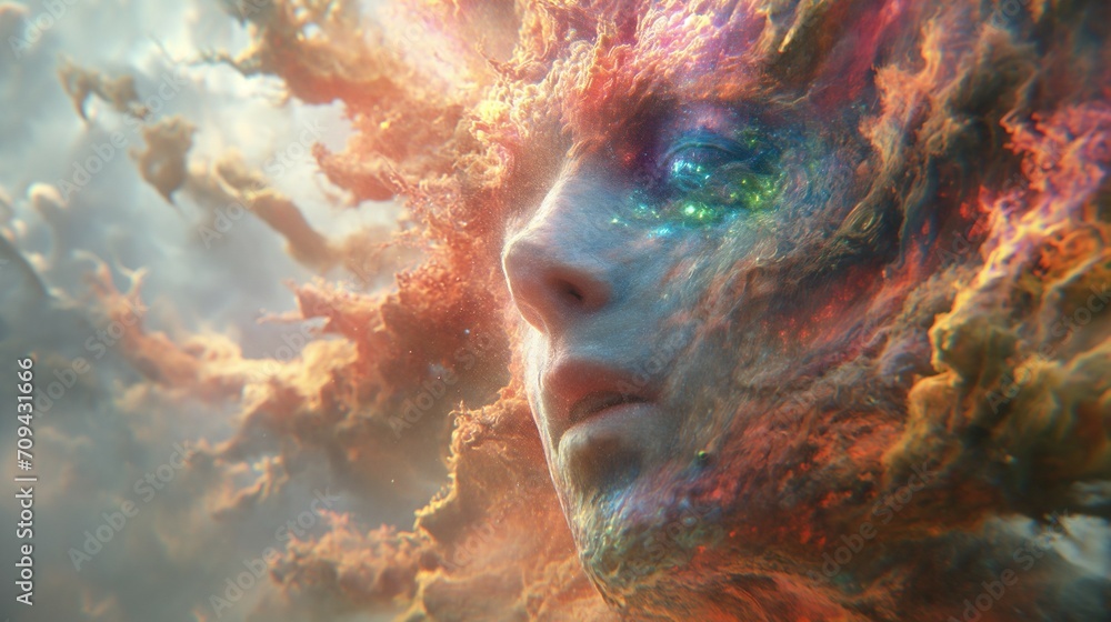 side profile of a face that blends seamlessly into a dramatic, cloud-filled sky. The colors are vibrant, with shades of pink, orange, yellow, and blue, suggesting a sunrise or sunset. The face is not side profile of a face that blends seamlessly into a dramatic, cloud-filled sky. The colors are vibrant, with shades of pink, orange, yellow, and blue, suggesting a sunrise or sunset. The face is not