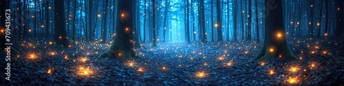 Mystical Firefly Forest at Twilight Panoramic View