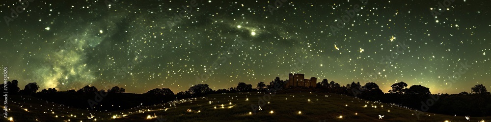 Fototapeta premium Starry Night Panorama Over Rural Landscape