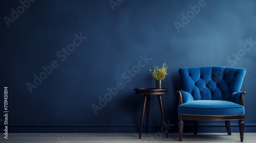 Fototapeta Naklejka Na Ścianę i Meble -  Elegant royal blue chair and table ensemble against a stylish charcoal wall with blank white frame – minimalist interior design concept