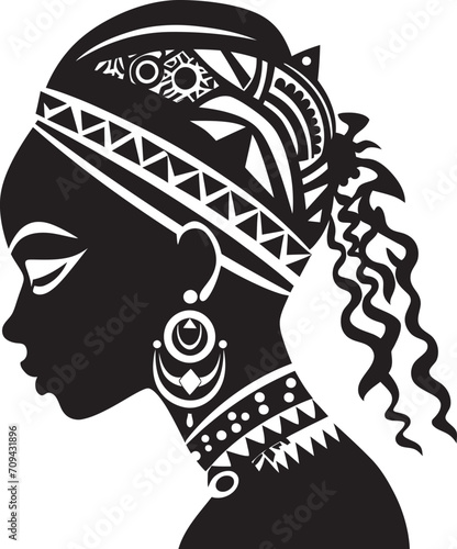 Tribal Threads Vector Ethnic Woman Face Logo Soulful Symmetry Ethnic Woman Glyph in Black