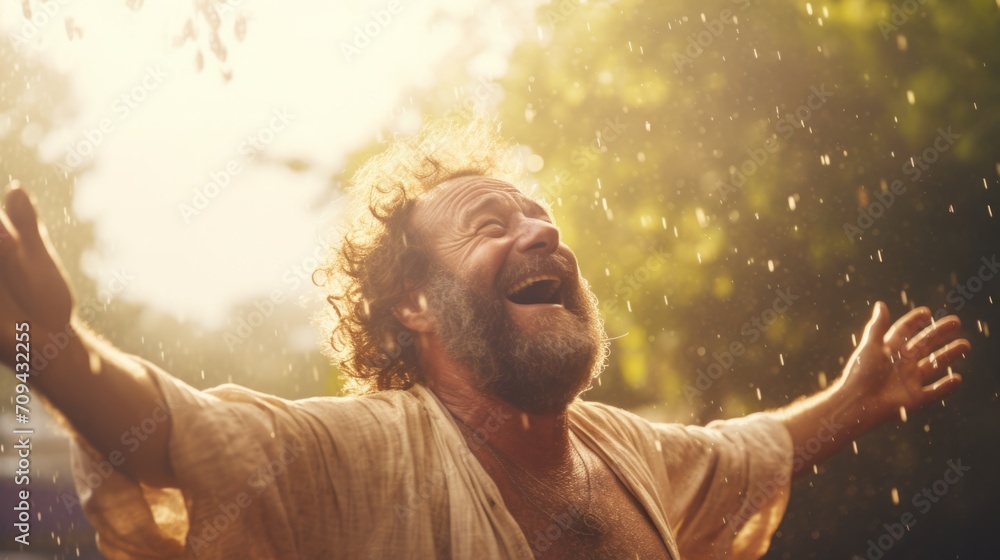 Photorealistic Old White Man with Brown Curly Hair Illustration. Happy smiling person dancing in the rain. Summer day Ai Generated Horizontal Illustration. Photorealistic Old White Man with Brown Curly Hair Illustration. Happy smiling person dancing in the rain. Summer day Ai Generated Horizontal Illustration.