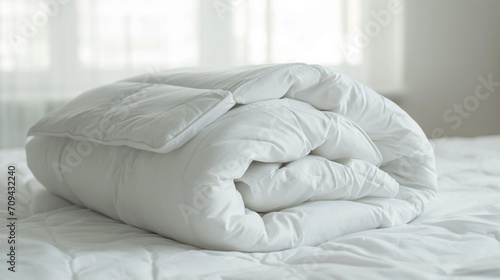 White folded duvet lying on white bed background.