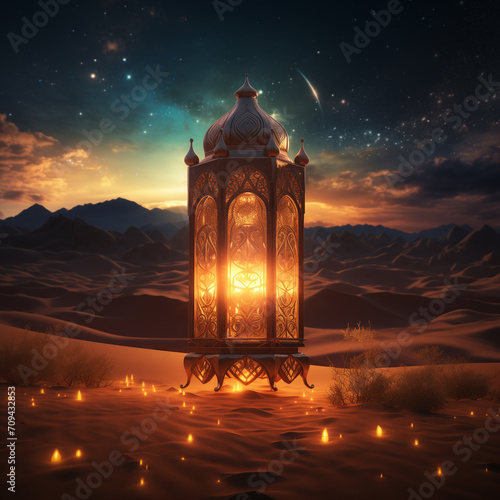 The light of Ramadan. Lanterns in the desert that shine at night during Ramadan.