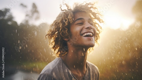 Photorealistic Teen Black Man with Blond Curly Hair Illustration. Happy smiling person dancing in the rain. Summer day Ai Generated Horizontal Illustration.