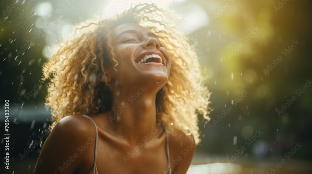 Photorealistic Teen Black Woman with Blond Curly Hair Illustration. Happy smiling person dancing in the rain. Summer day Ai Generated Horizontal Illustration.