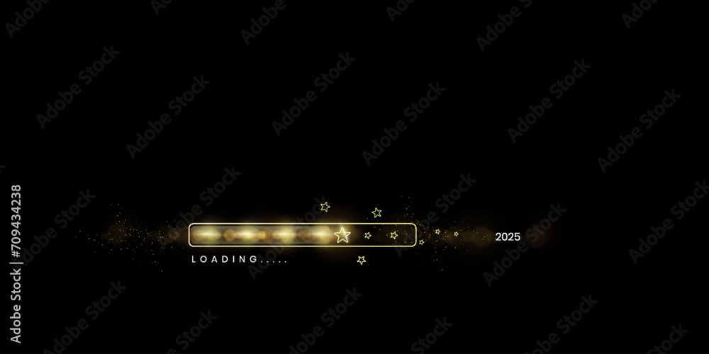 Loading animation screen with reaching 2025. Creative banner with shiny