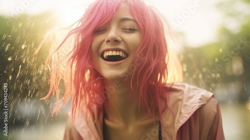 Photorealistic Teen Chinese Woman with Pink Straight Hair Illustration. Happy smiling person dancing in the rain. Summer day Ai Generated Horizontal Illustration.