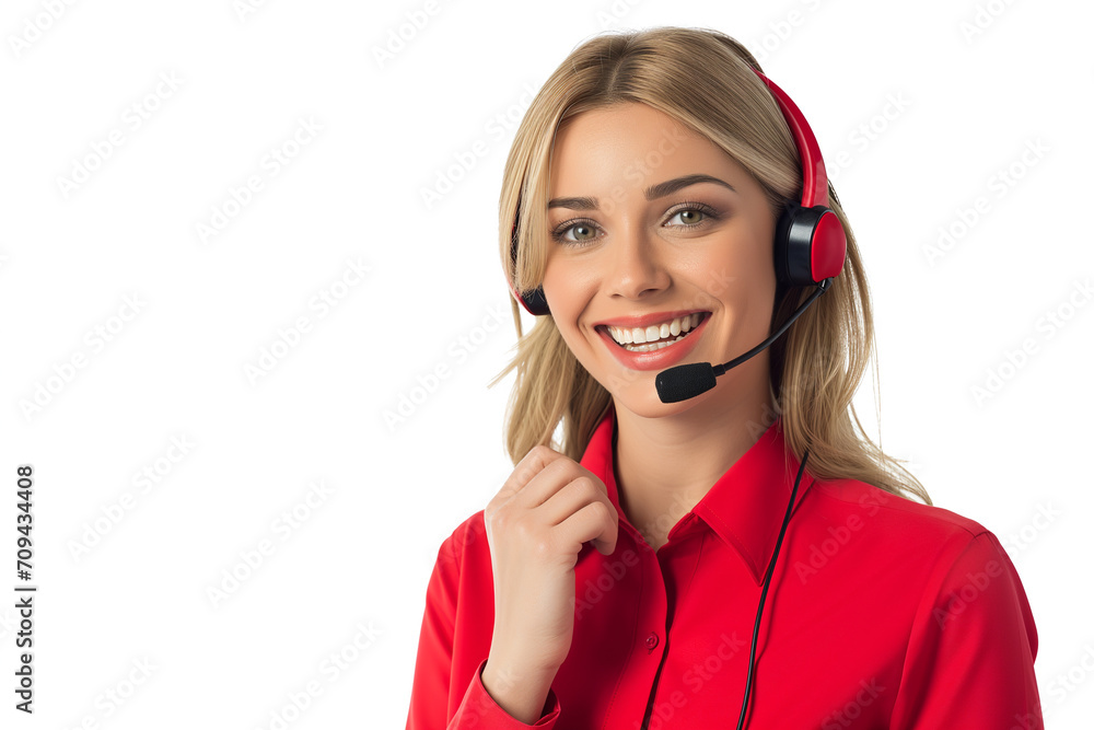 oung 25-Year-Old Caucasian Call Center Operator with Bob Haircut, Red Shirt, and Headset Providing Exceptional Service. Professional Customer Support Concept. oung 25-Year-Old Caucasian Call Center Operator with Bob Haircut, Red Shirt, and Headset Providing Exceptional Service. Professional Customer Support Concept.