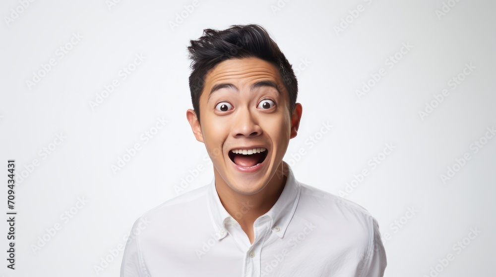 A Wow and surprised face Asian man in white t-shirt with hand point on empty space on a white isolated transparent background. A Wow and surprised face Asian man in white t-shirt with hand point on empty space on a white isolated transparent background.