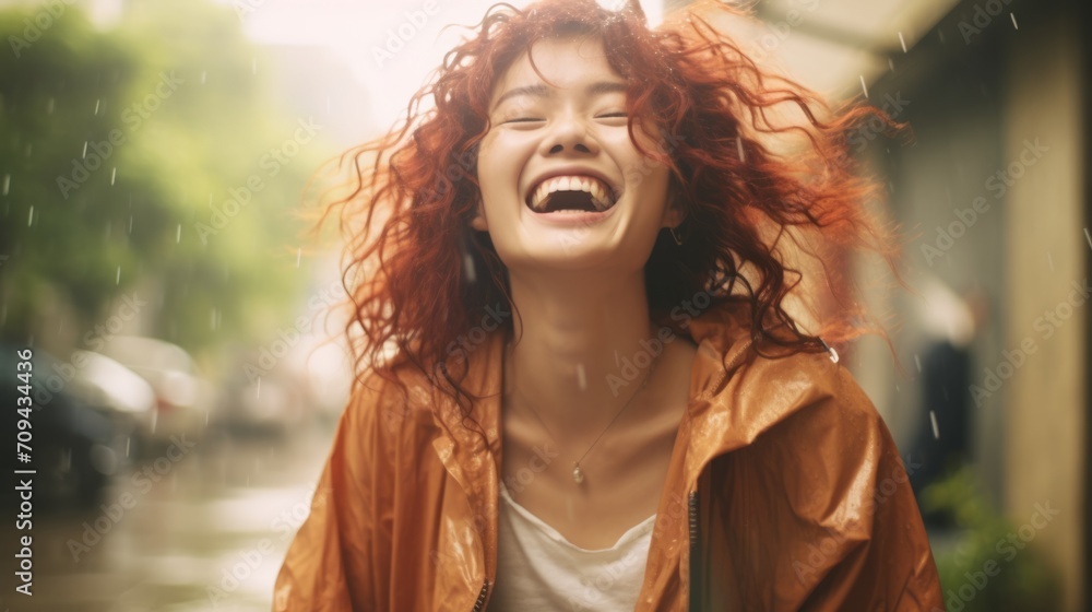 Photorealistic Teen Chinese Woman with Red Curly Hair Illustration. Happy smiling person dancing in the rain. Summer day Ai Generated Horizontal Illustration.