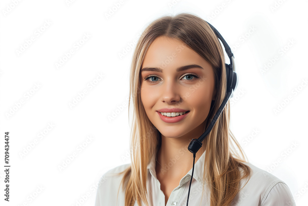 Young 25-Year-Old Caucasian Call Center Operator with Bob Haircut – Professional Customer Service Concept Young 25-Year-Old Caucasian Call Center Operator with Bob Haircut – Professional Customer Service Concept