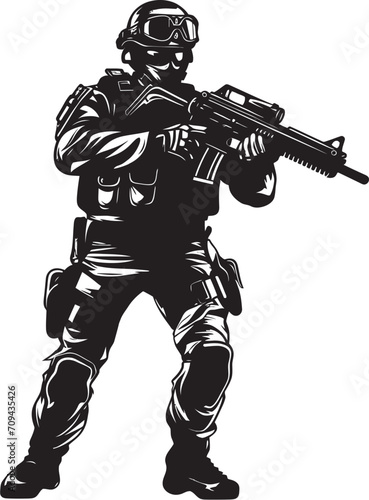Strikeforce Sentinel Monochromatic SWAT Police Logo Design in Vector Shielded Vigilance Vector Black Logo Showcasing SWAT Police Authority photo