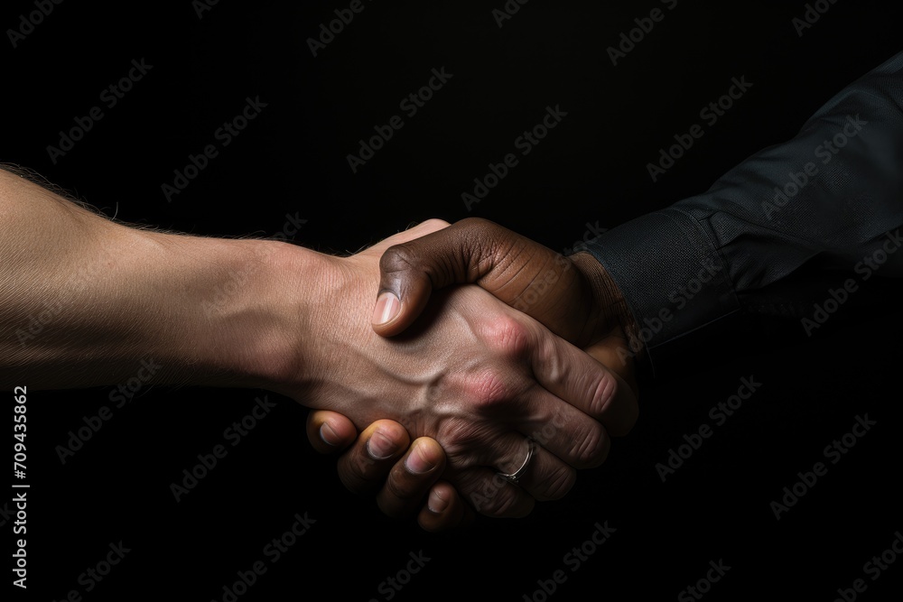 A strong handshake between a European and a black man. - obrazy, fototapety, plakaty 