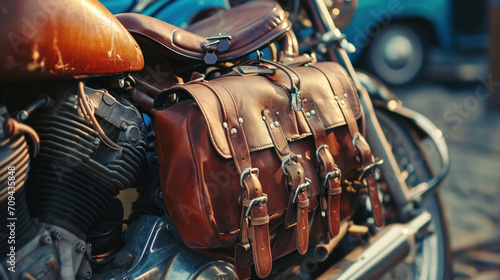 Leather vintage black saddlebags for custom motorbike in the side back to keep the luggage to go. © PaulShlykov