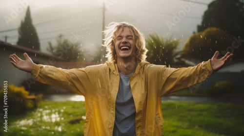 Photorealistic Teen Persian Man with Blond Straight Hair Illustration. Happy smiling person dancing in the rain. Summer day Ai Generated Horizontal Illustration.