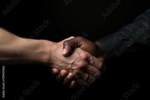 A strong handshake between a European and a black man. photo