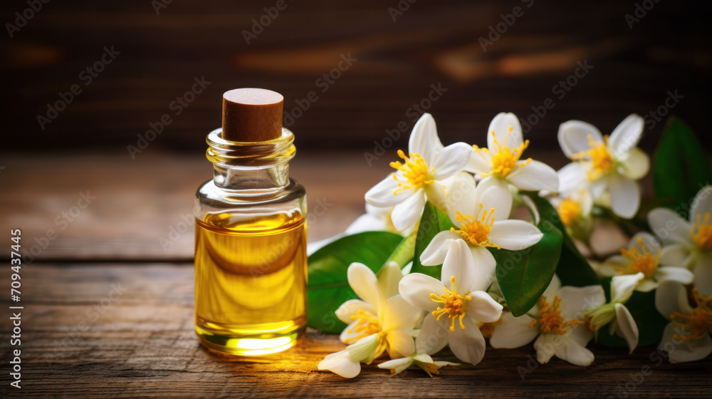 Jasmine essential oil in a glass dropper on background of jasmine flowers. Jasmine essential oil in a glass dropper on background of jasmine flowers.