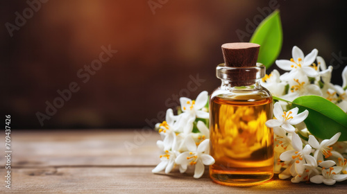 Jasmine essential oil in a glass dropper on background of jasmine flowers.