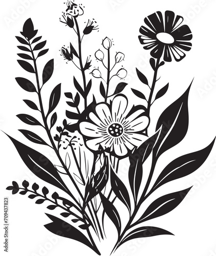 Floral Tapestry Monochromatic Emblem Illustrating Botanical Elements Petals in Noir Sleek Black Icon Showcasing Vector Floral Design