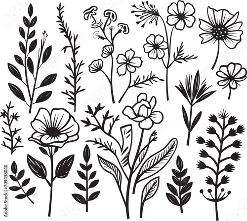 Sculpted Petals Elegant Black Icon, Botanical Design Whispers of Nature Vector Logo, Black Botanical Florals © BABBAN