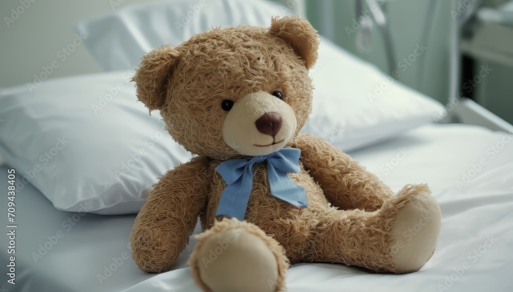 Obraz premium Banner with a teddy bear toy on a patient's bed in a hospital. Children's Medical Center. Healthcare and childhood concept