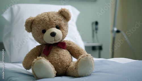 Banner with a teddy bear toy on a patient's bed in a hospital. Children's Medical Center. Healthcare and childhood concept