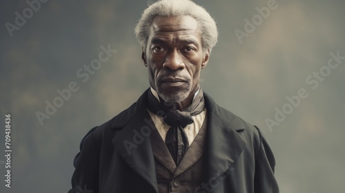 Photorealistic Old Black Man with Blond Straight Hair retro Illustration. Portrait of a person in Victorian Era aesthetics. Historic movie style Ai Generated Horizontal Illustration. photo