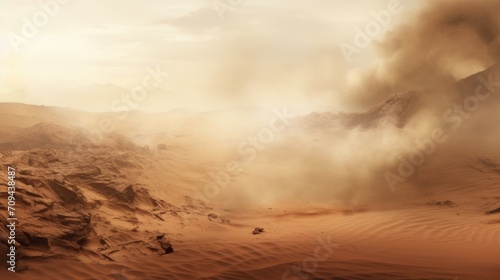 A relentless sea of dust engulfs the arid landscape, creating an eerie and haunting scene.