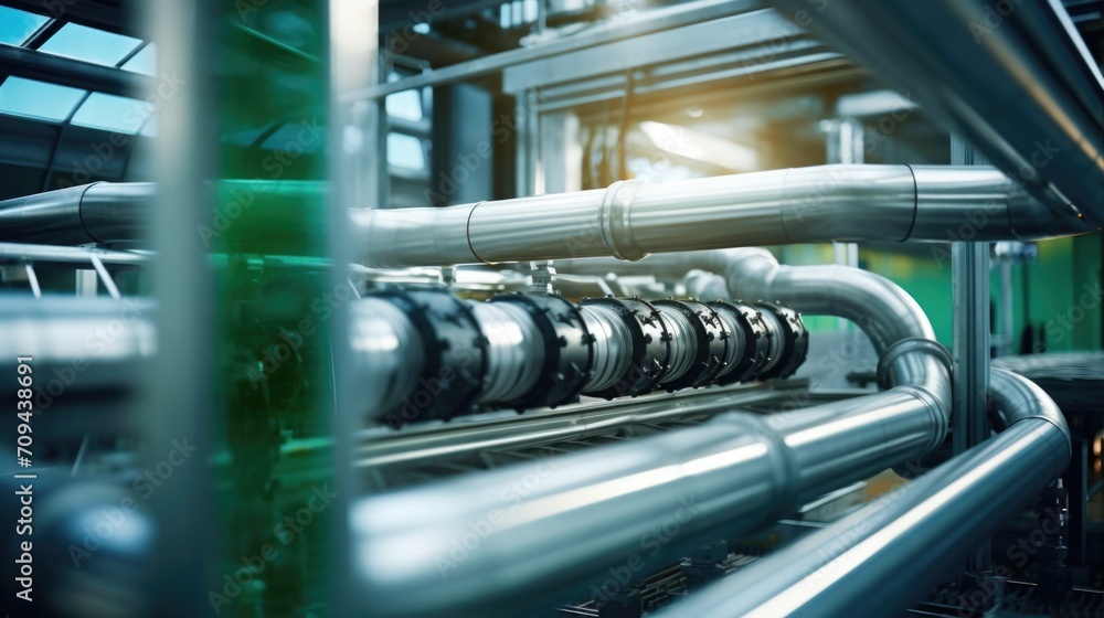 A closeup of large tubes and pipes running through a facility