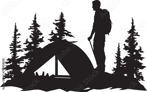 Trailblazing Adventures Chic Camping Icon in Monochromatic Black Serenity in the Woods Elegant Emblem with Vector Camping Logo