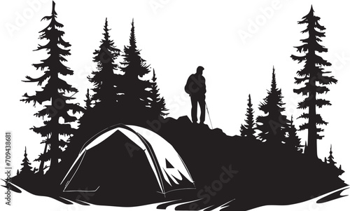 Serenade of the Pines Monochrome Emblem for Nighttime Camping Under the Stars Black Vector Logo Design for Wilderness Retreats