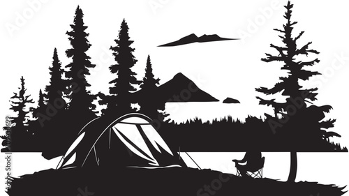 Natures Symphony Black Vector Logo Design Icon for Camping Bliss Moonlit Meadow Chic Camping Icon in Monochromatic Black