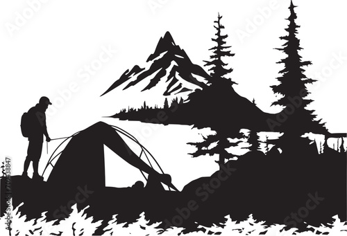 Camping Escapade Elegant Black Icon with Vector Logo Design Mountain Majesty Sleek Monochromatic Emblem for Camping Enthusiasts