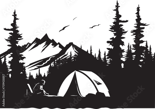 Wanderlust Haven Chic Camping Icon Illustrating Black Vector Design Into the Woods Elegant Black Icon with Vector Logo for Camping