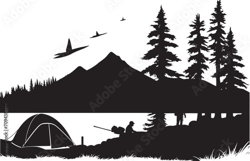 Mountain Majesty Sleek Monochromatic Emblem for Outdoor Enthusiasts Starlit Sanctuary Black Vector Camping Logo Design Icon for Nighttime Bliss