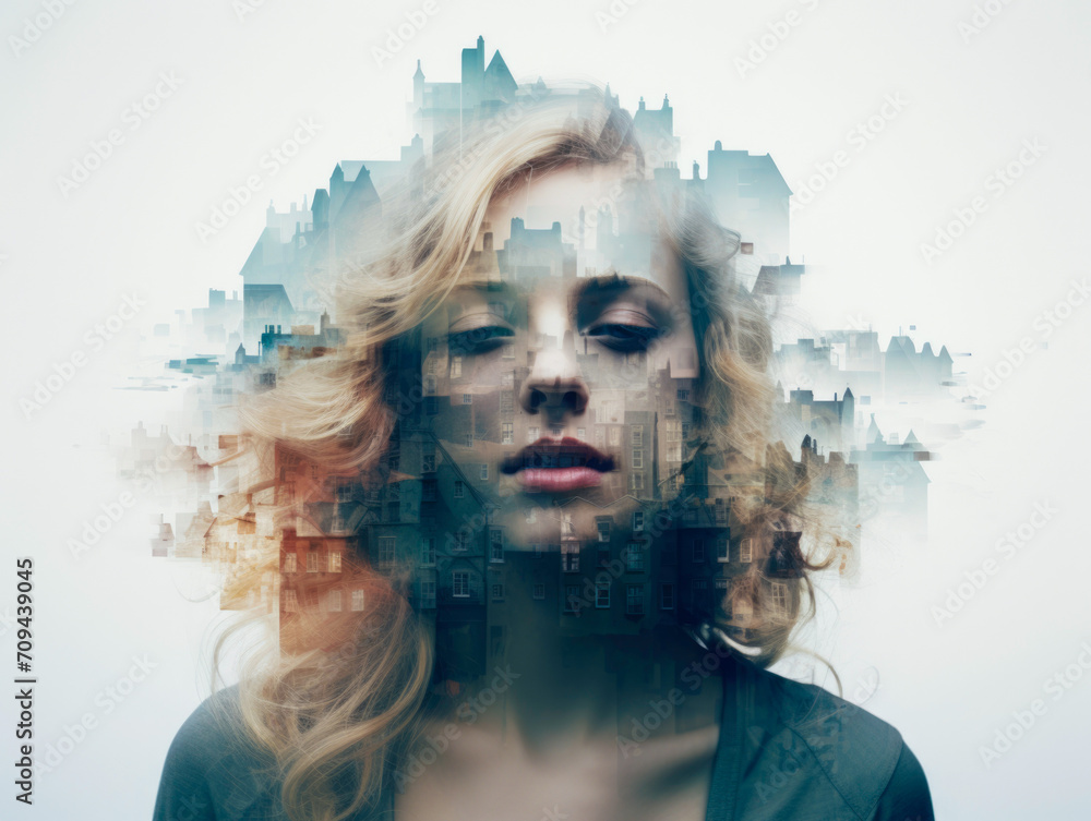 Fototapeta premium Creative double exposure with attractive model woman with city scape view.
