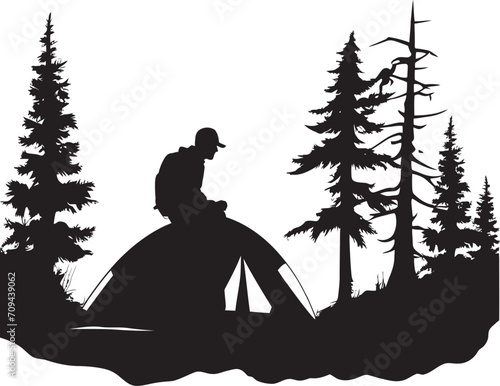 Mountain Majesty Monochrome Emblem for Camping Enthusiasts Starlit Sanctuary Black Vector Logo Design Icon for Campers