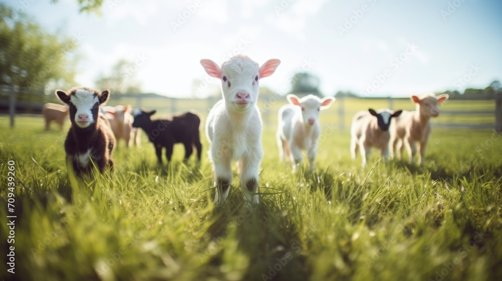 Fototapeta premium A diverse array of farm animals grazing peacefully in a lush green field, showcasing the end goal and potential benefits of international trade of livestock embryos for genetic diversity