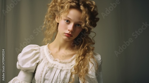 Photorealistic Teen White Woman with Blond Curly Hair retro Illustration. Portrait of a person in Victorian Era aesthetics. Historic movie style Ai Generated Horizontal Illustration. photo