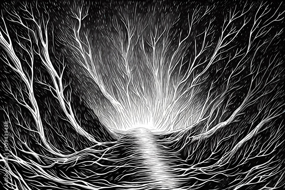 spooky forest black and white illustration with bare trees and branches - obrazy, fototapety, plakaty 