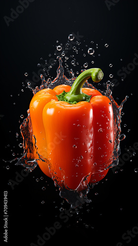 fresh water splash on Red pepper on black background
