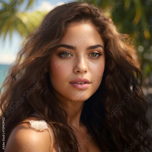 Bahamian Beauty in Nature's Embrace: Photorealistic Portrait of a 25-Year-Old Woman with Flowing Brown Hair and Striking Brown Eyes, Illuminated by Golden-Hour Sunlight in a Scenic outdoor GenAI