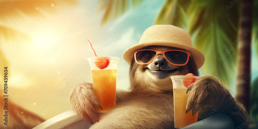 Bicho preguiça senado em uma cadeira de praia usando óculos de sol e chapéu em um cenário praiano tropical e quente - obrazy, fototapety, plakaty 