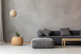 Sala de estar com um sofá cinza com puf e vaso de planta ao canto, fundo cinza claro - decoração minimalista abstrata